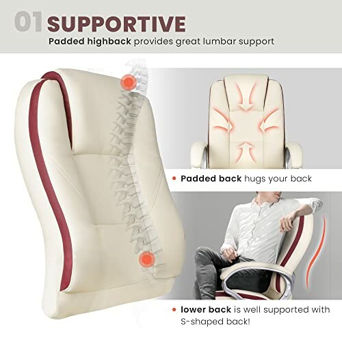 Ergonomic chair with padded highback and lumbar support.