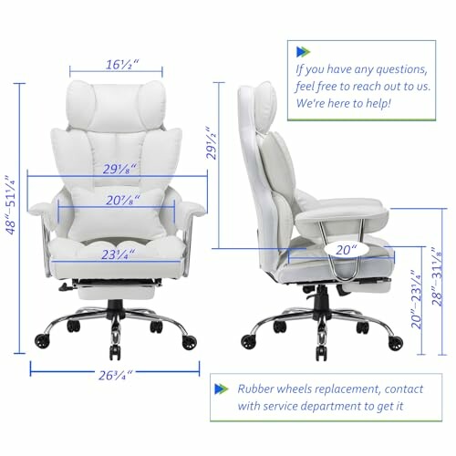 White office chair with dimensions and customer service info.