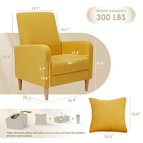 Yellow armchair with dimensions and features displayed.