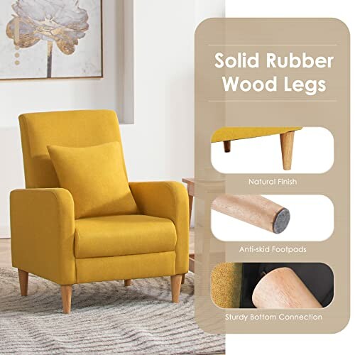 Yellow armchair with solid rubber wood legs and features.