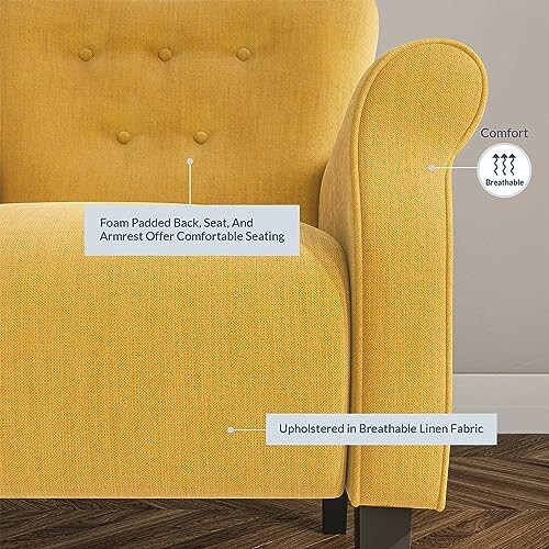 Yellow armchair with breathable linen fabric and foam padding.